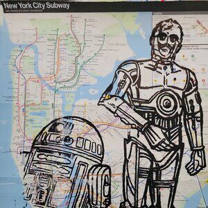 Handpainted Disney Star Wars Droids R2D2 & C3PO on NYC Subway Map Acrylic Paint